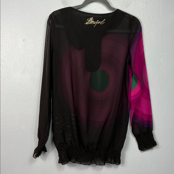 Desigual Sheer Black Pink Green Graphic Popover Long Sleeve Blouse Medium - Picture 8 of 9